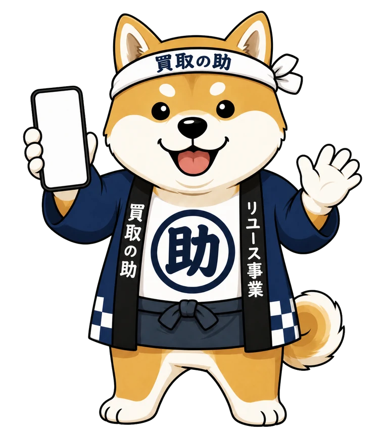 スマートフォンでの相談を案内する買取の助の柴犬キャラクター
