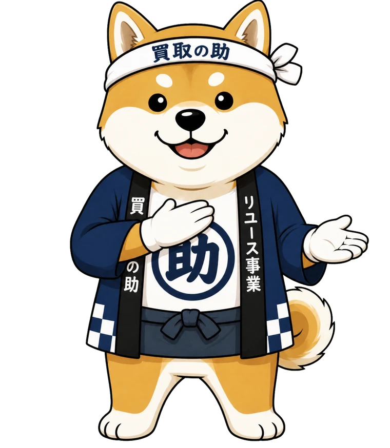 安心して相談できることを案内する買取の助の柴犬キャラクター