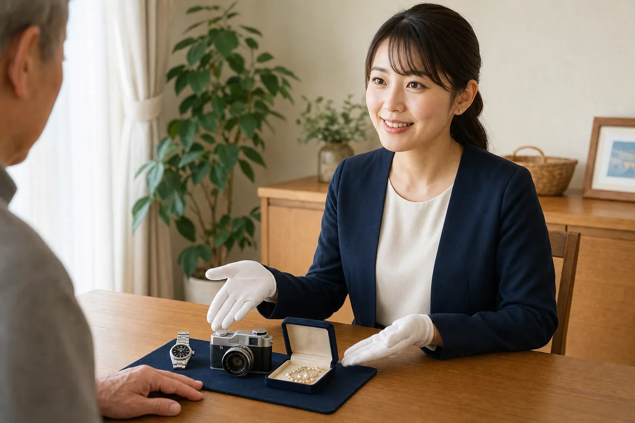 女性スタッフが整理中の品を説明するイメージ