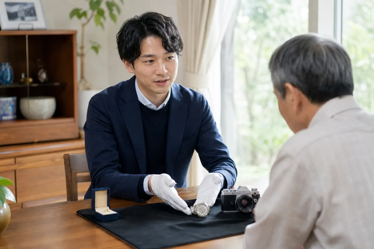 男性査定スタッフが整理中の品を説明するイメージ